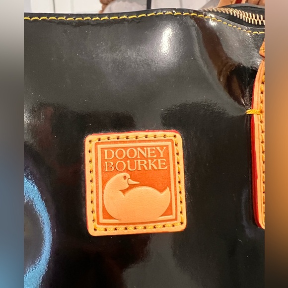 Dooney & Bourke Domed Satchel Black Patent Leather Tan Leather Trim NWOT - Picture 7 of 17